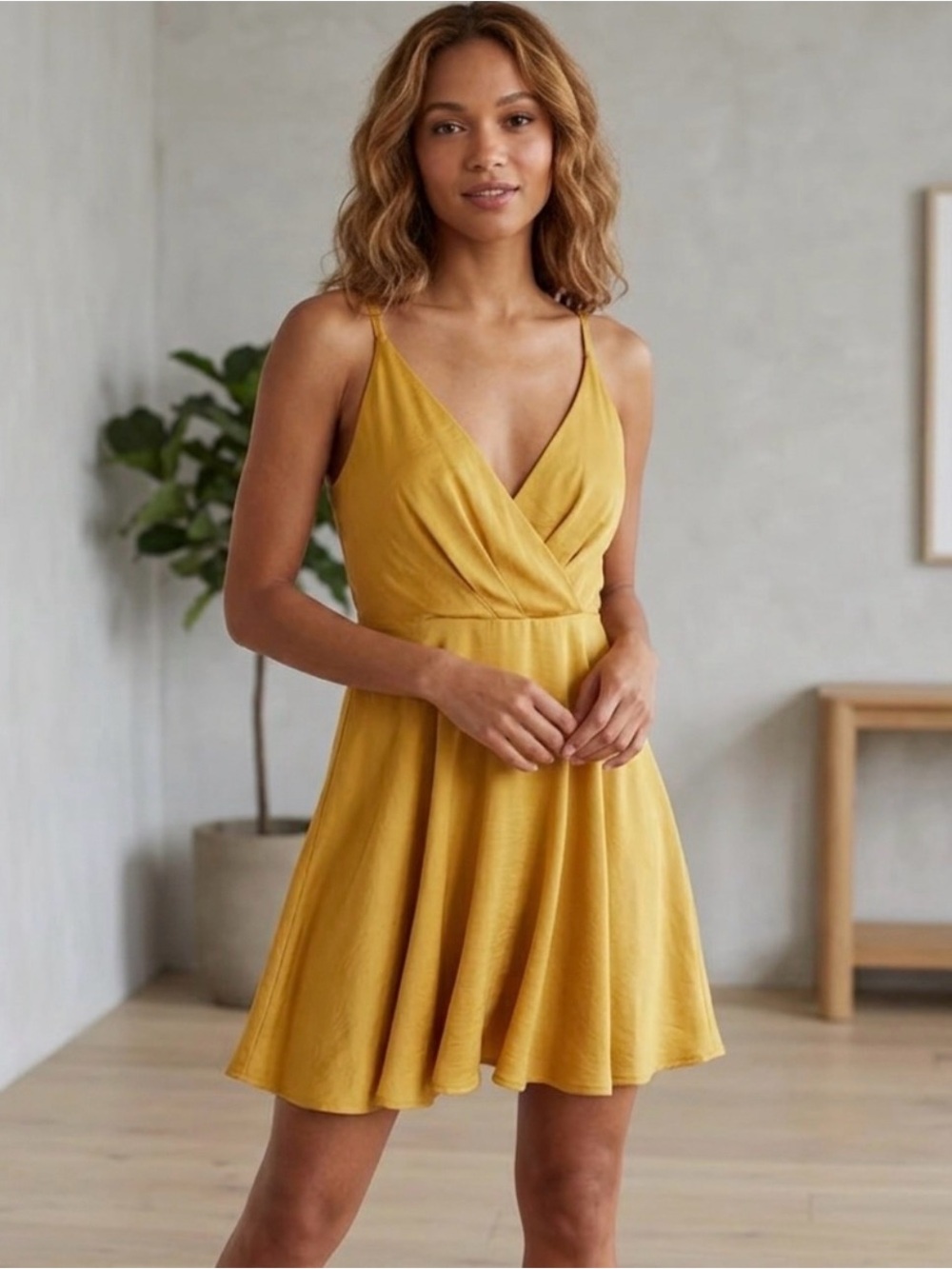 Express Mustard Yellow Mini Dress Satin Wrap VNeck Sleeveless ALine Skater Sm/P